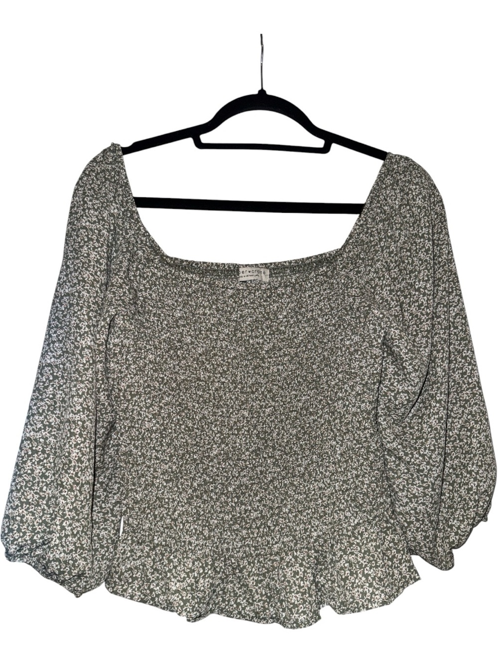 Paper Crane Olive Green Floral Square-Neck Puff Sleeve Top